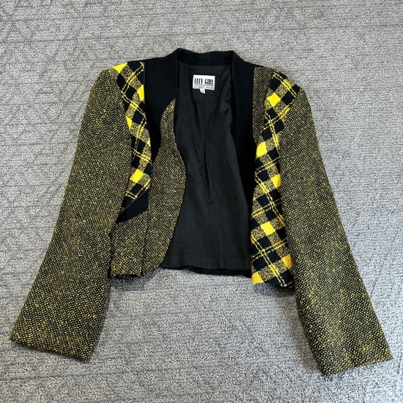 City Girl by Nancy Bolen Jackets & Blazers - City‎ Girl Nancy Bolen Womens Blazer Jacket 14 Black Yellow Plaid Tweed Cropped